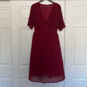 Burgundy dress with short sleeve lace top